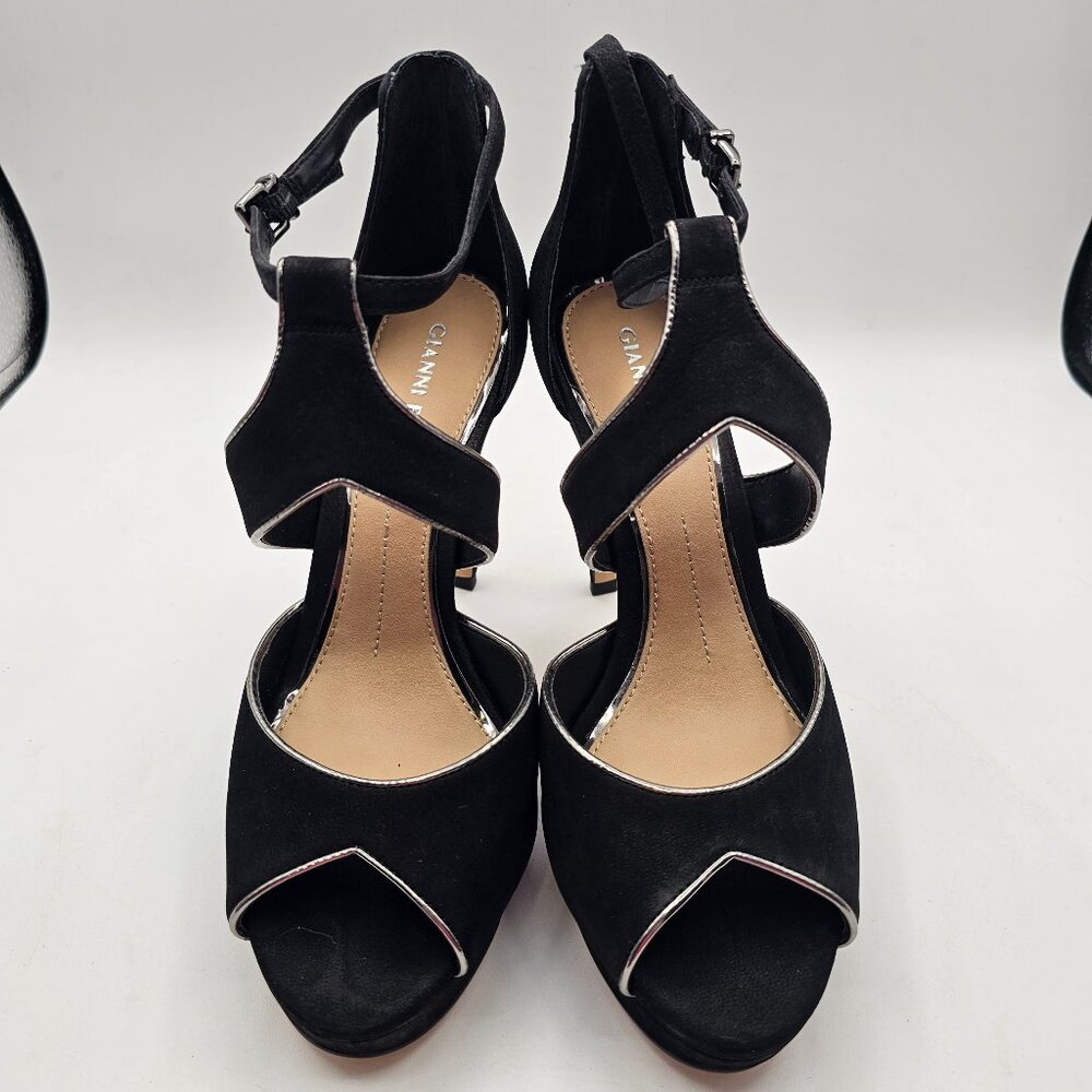 Gianni Bini Black Crisscross Peep‑Toe Heels – Size 8M – Silver Trim